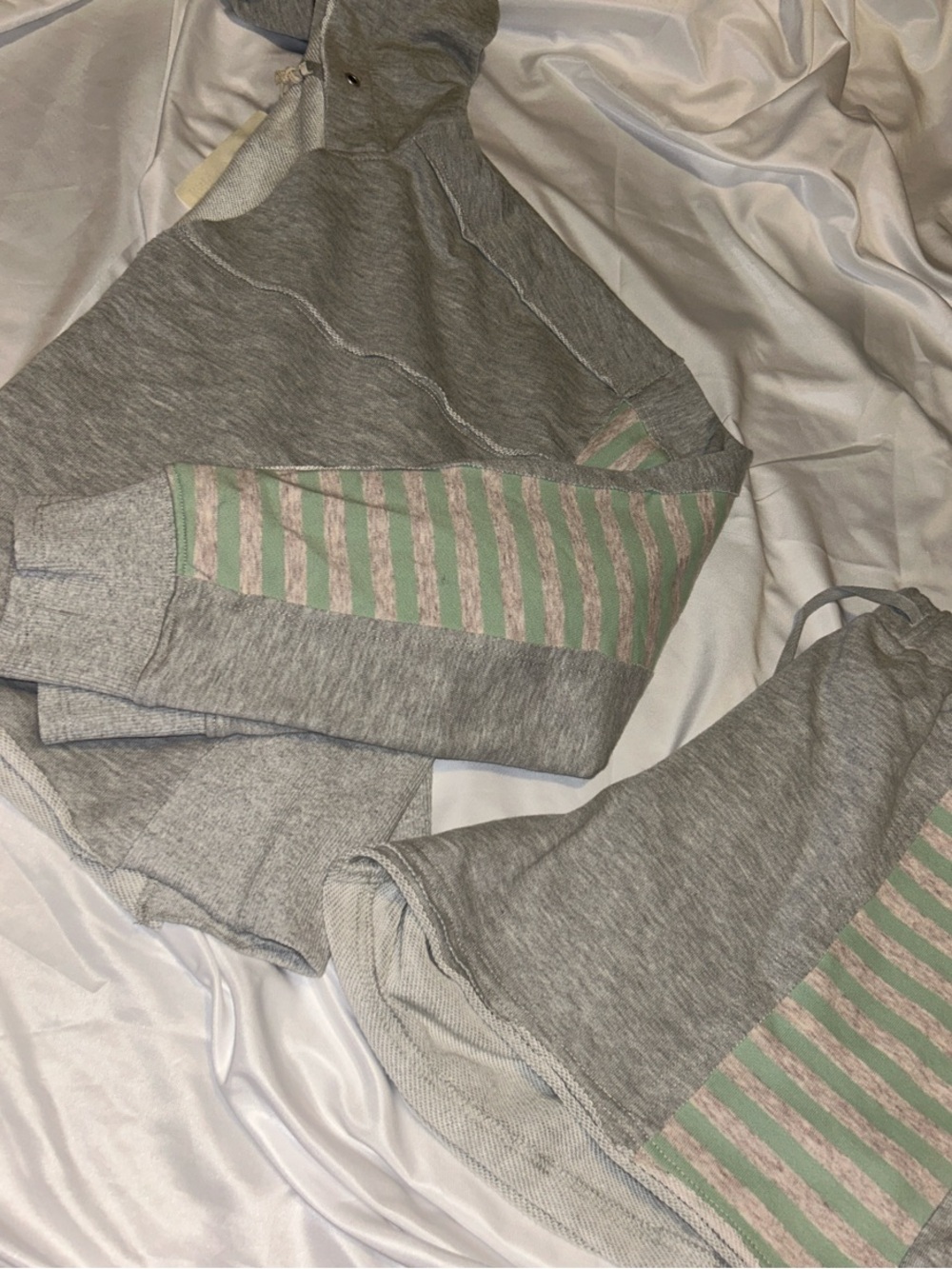 Mystree Gray with Mint Stripe cropped hooded sweatshirt and matching shorts